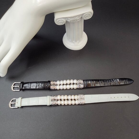 Pair of Sterling Silver Leather & Fresh Water Pearl Adjustable Bracelets - Picture 2 of 6